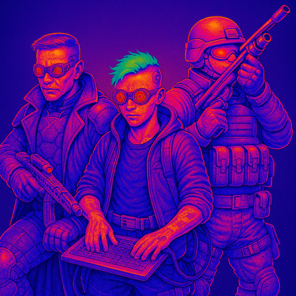 Cover art for Syndicate Rivals: A Cyberpunk TTRPG — neon cyber team with hacker and operatives