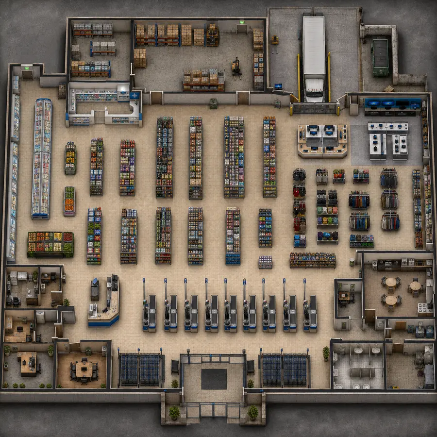 Top-down big-box retail store battle map