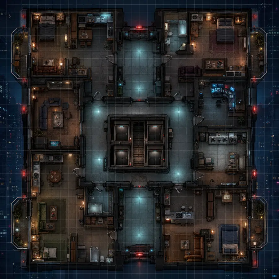Top-down cyberpunk high-rise apartment floor under lockdown battle map