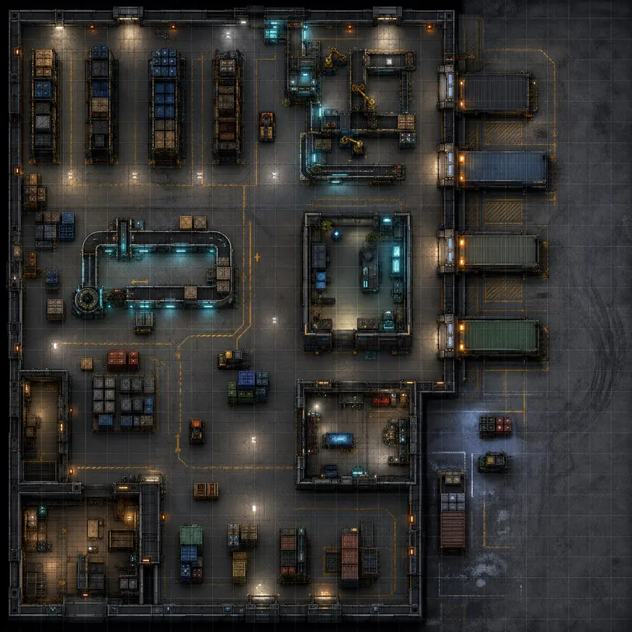 Top-down cyberpunk automated warehouse and loading dock battle map