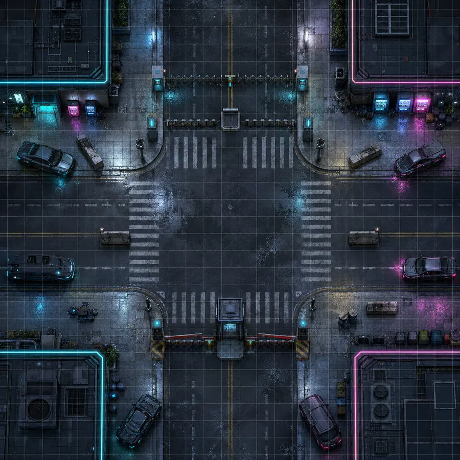 Top-down cyberpunk street intersection and security checkpoint battle map