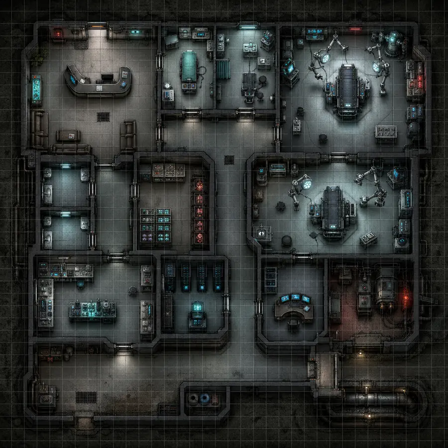 Top-down cyberpunk underground clinic and implant laboratory battle map