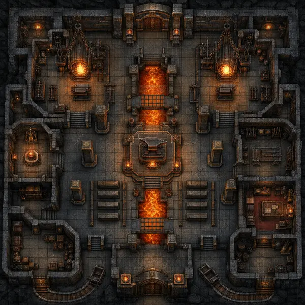 Top-down fantasy dwarven forge temple battle map
