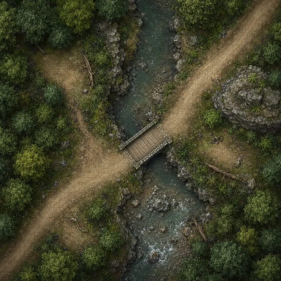 Top-down fantasy forest bridge ambush battle map