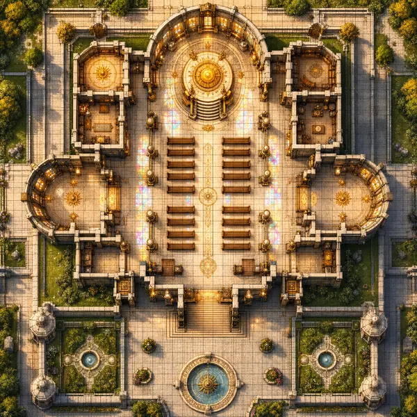 Top-down fantasy grand sun cathedral battle map