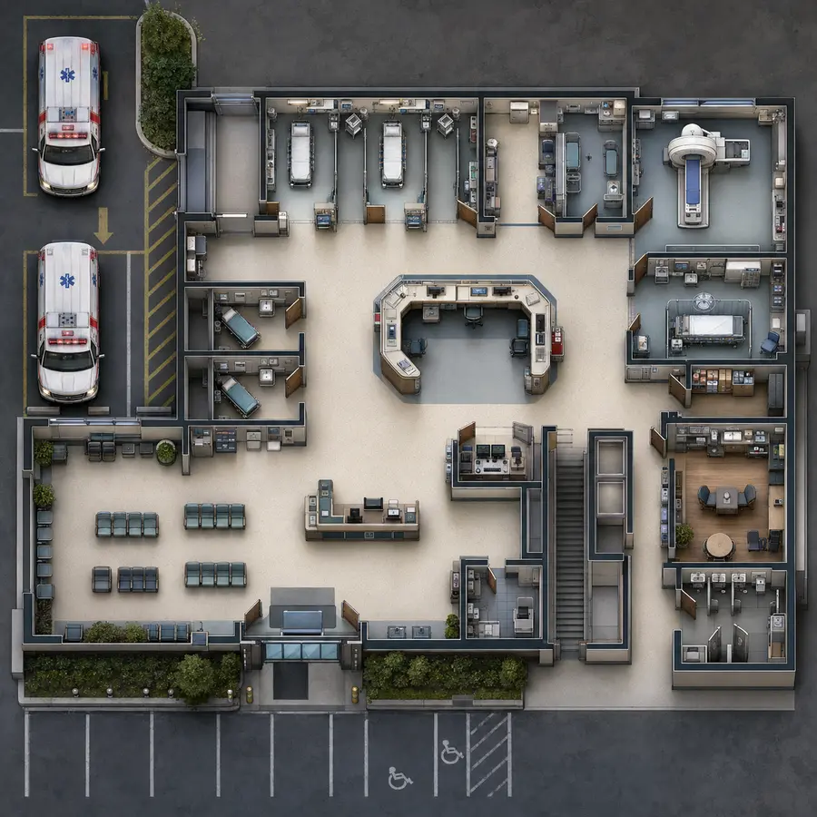 Top-down hospital emergency department battle map