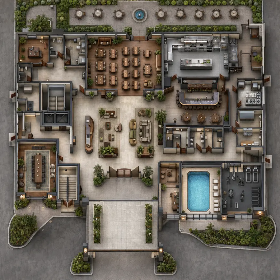 Top-down modern hotel ground-floor battle map