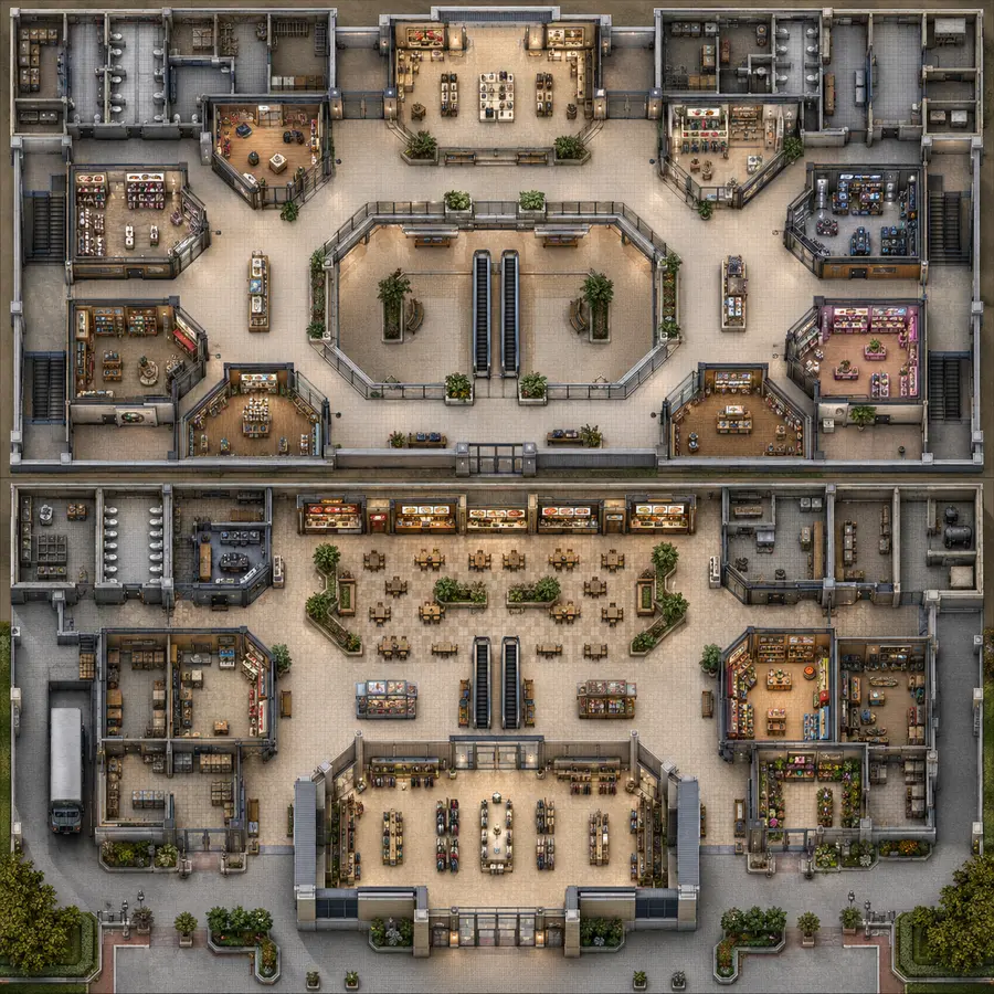Top-down modern shopping mall battle map