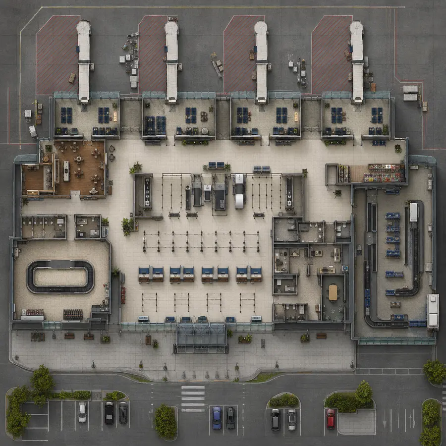 Top-down regional airport terminal battle map