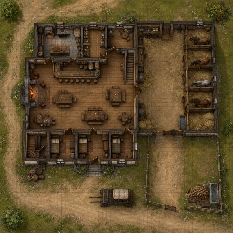 Top-down fantasy roadside inn and stable battle map