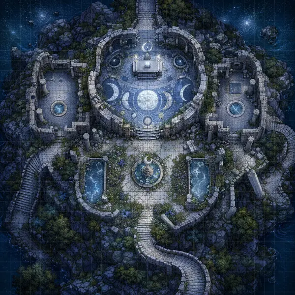 Top-down fantasy ruined moon temple battle map