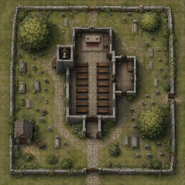Top-down fantasy village church and graveyard battle map