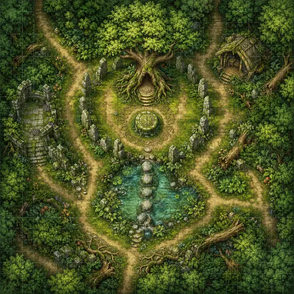 Top-down fantasy woodland nature shrine battle map